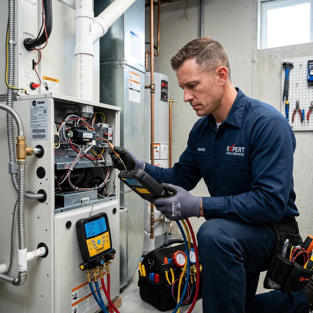 HVAC technician diagnosing residential heating equipment
